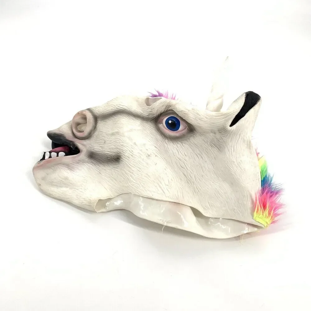 Latex Rainbow Mohawk Unicorn Mask Full Head Animal Mask Adult Horse White OS